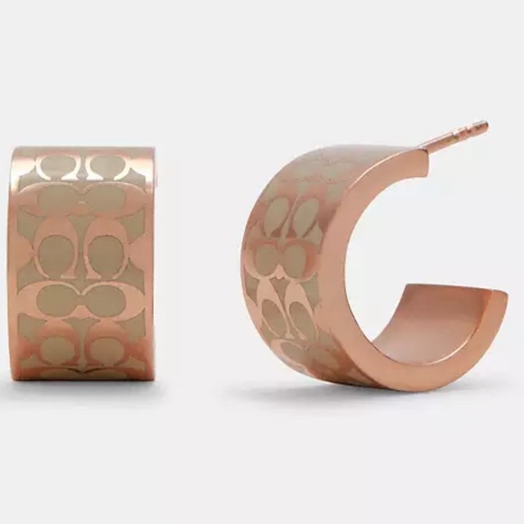 Coach Signature Huggie Earrings Rose Gold Tone Off White Enamel New & Authentic - Picture 2 of 6